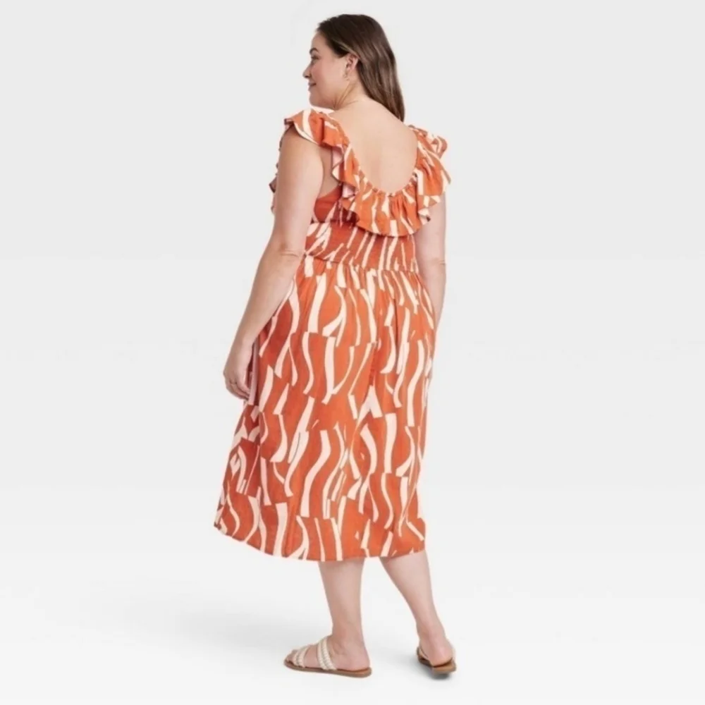 Ava & Viv Linen Blend Abstract Rust Ruffle Midi Dress Smocked Back Rayon Cruise - Picture 2 of 11